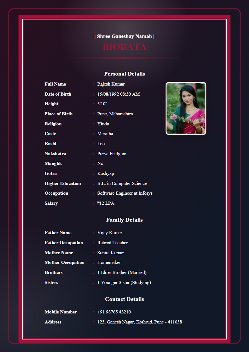 Red Velvet Marathi English Marriage Biodata Format