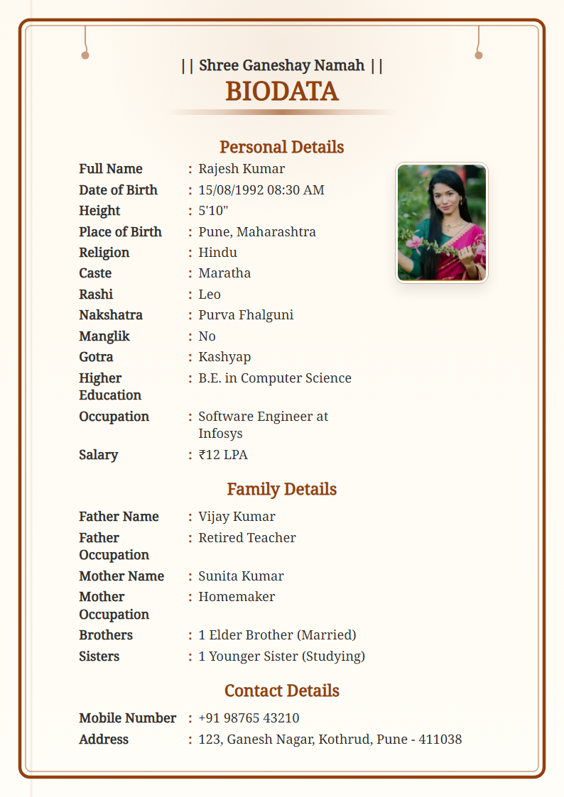 Temple Gold English Marriage Biodata Format