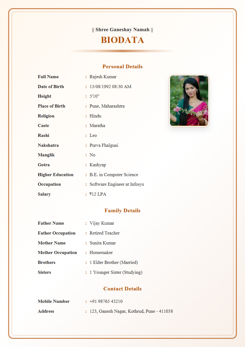 Sunshine English Marriage Biodata Format