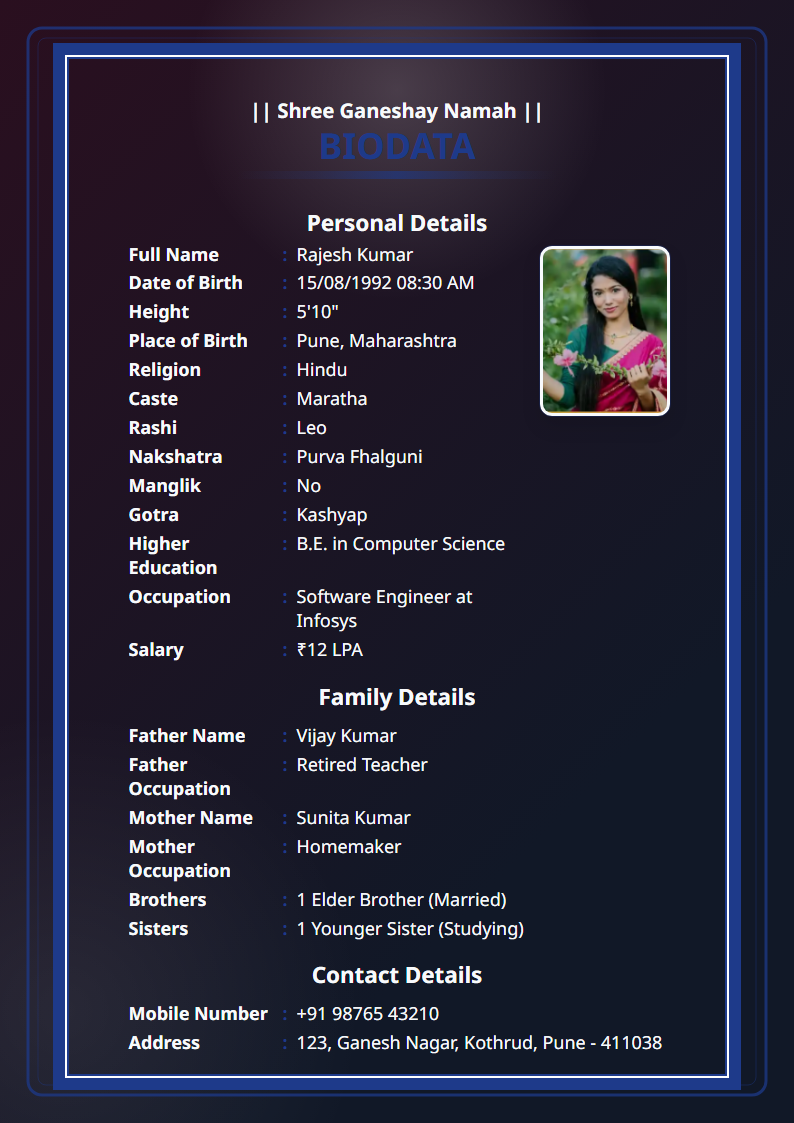 Blue Velvet English Marriage Biodata Format