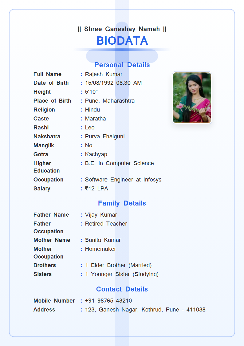 Christian Grace English Marriage Biodata Format