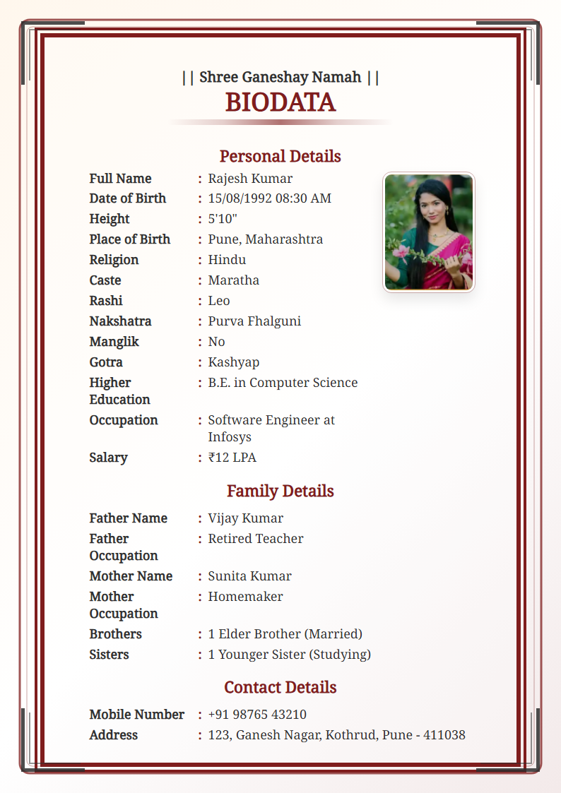 Classic Maroon English Marriage Biodata Format