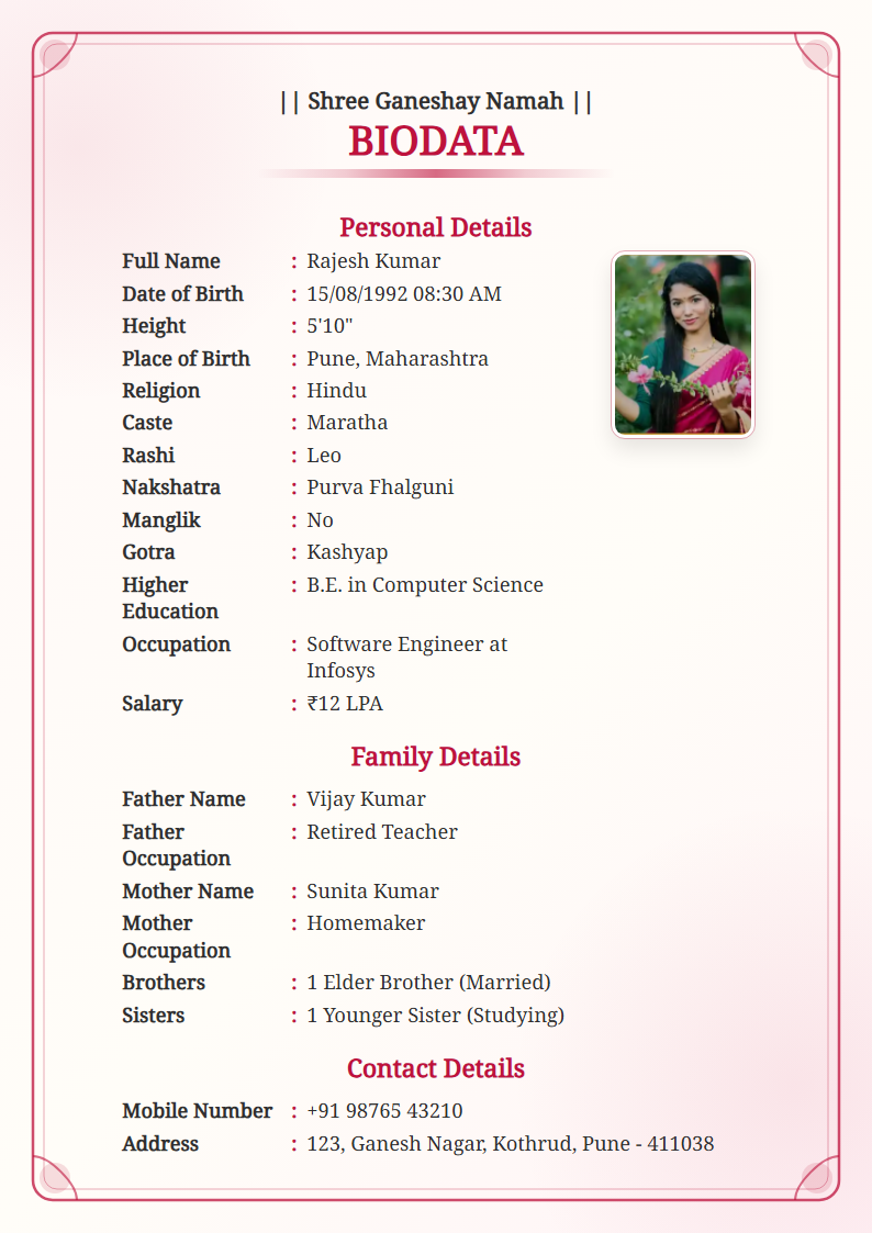 Rose Gold English Marriage Biodata Format