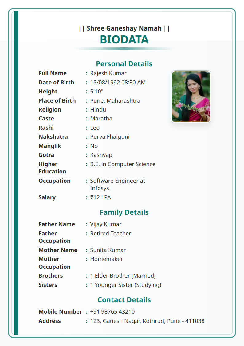 Teal Modern English Marriage Biodata Format
