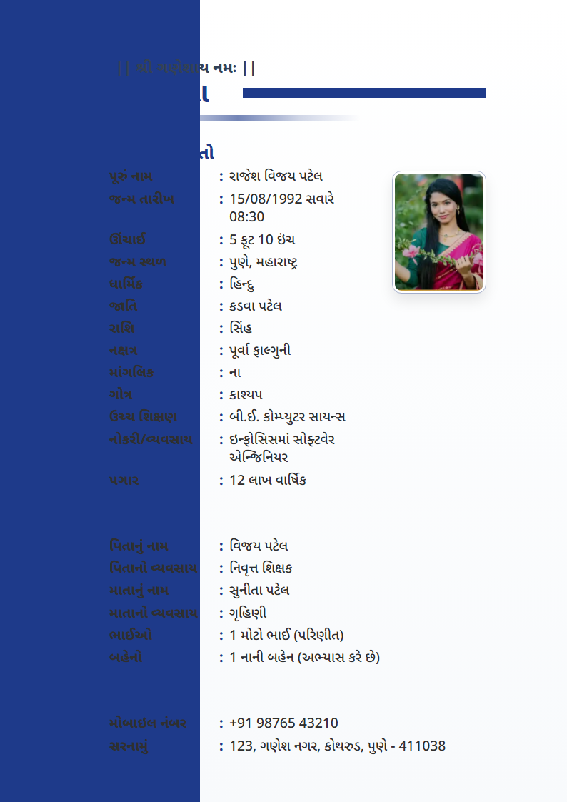 Navy Executive Gujarati Marriage Biodata Format