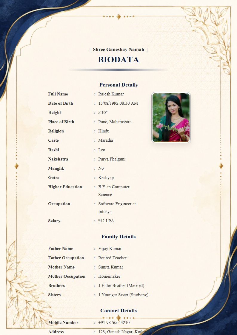 Imperial Blue English Marriage Biodata Format