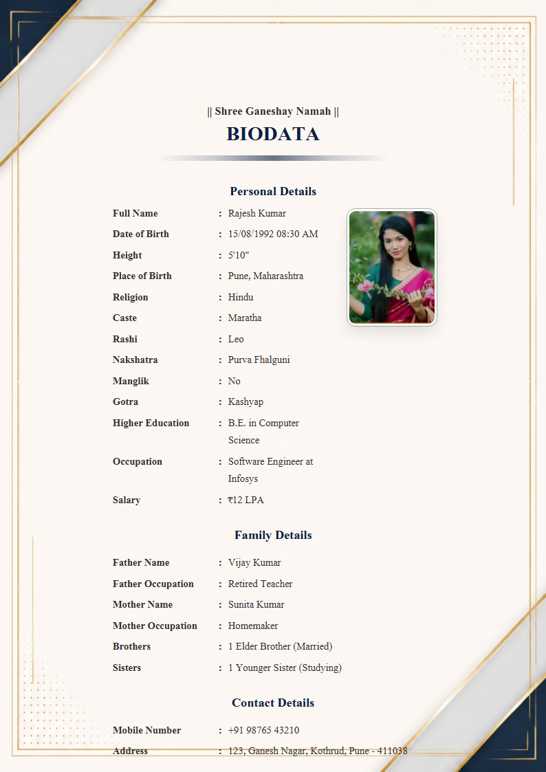 Royal Arch English Marriage Biodata Format