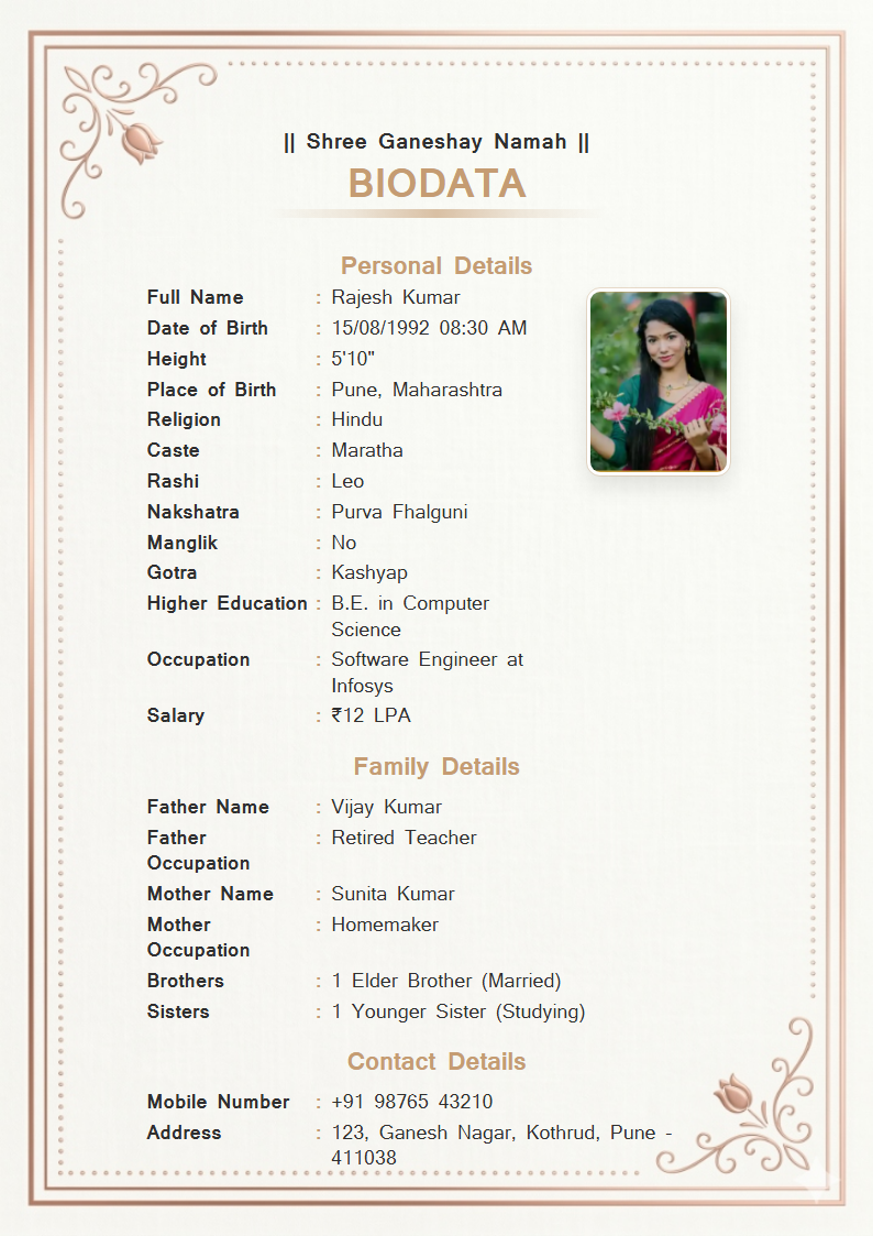 Rose Gold Elegance English Marriage Biodata Format