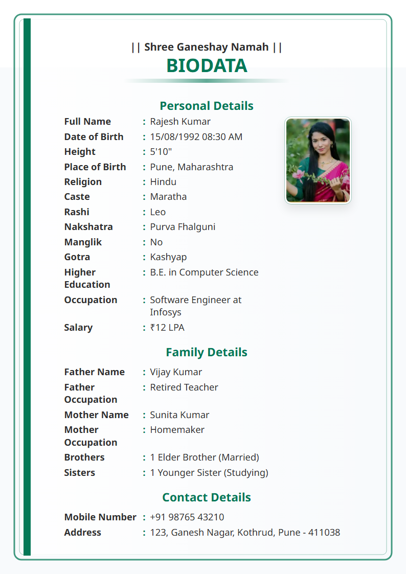 Mint Clean English Marriage Biodata Format