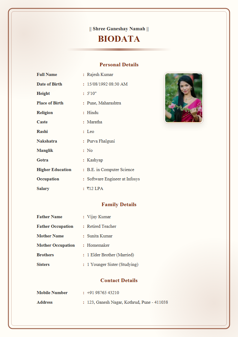 Jain Elegant English Marriage Biodata Format