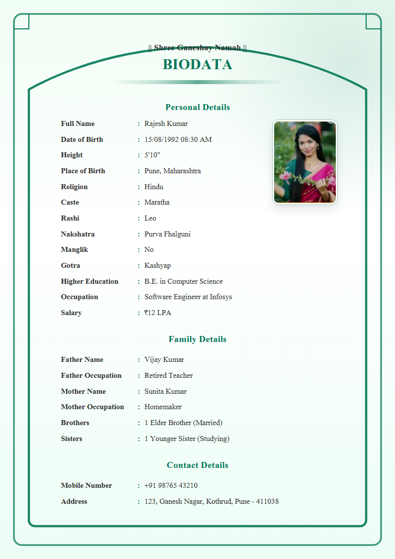 Nikah Green English Marriage Biodata Format